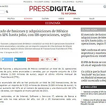 El mercado de fusiones y adquisiciones de Mxico crece un 12% hasta julio, con 118 operaciones, segn TTR